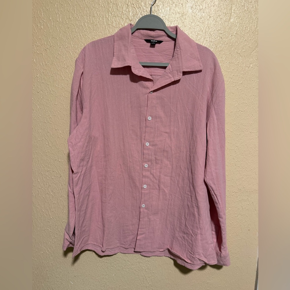 Ouku Pink Casual Button‎ Down Shirt Size XL Linen Cotton Blend Long Sleeve